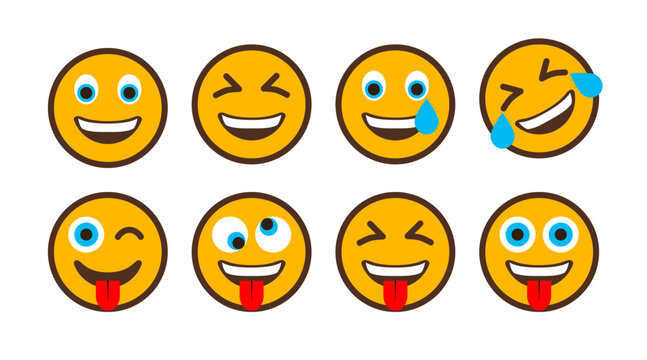 laugh and prank emotion icons, different emoticons yellow round vector emoji set, mobile app or web page symbols collection