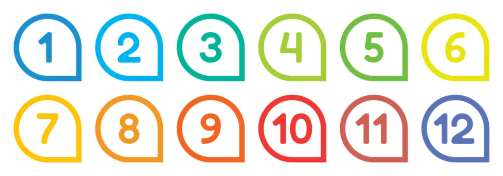 colorful twelve bullet points, from 1 to 12 outline speech balloon markers, vector infographics elements