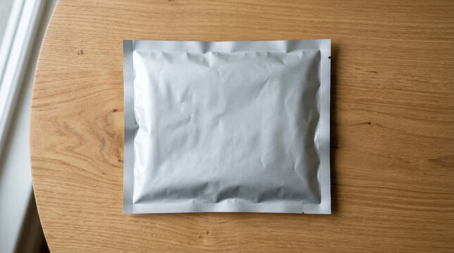 A small silver foil package sits on a wooden table indoors.