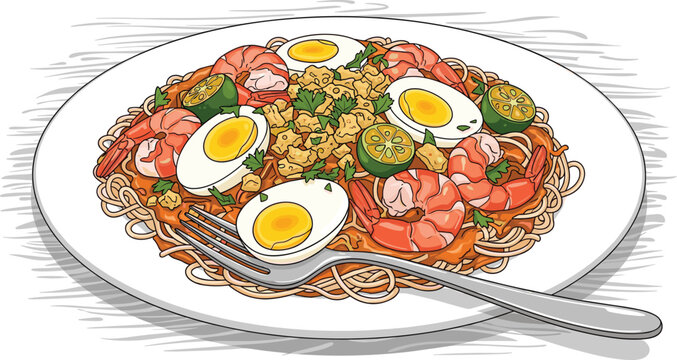 Shrimp Egg Noodle Dish Illustration Top View Asian Food Vector on White Background