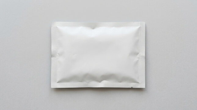A white rectangular package lies on a gray surface indoors.