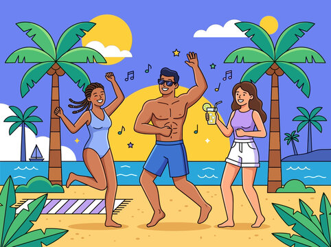Happy Friends Dancing at a Tropical Beach Party during Sunset with Palm Trees and Cocktails, Summer Vacation Concept Vector Illustration