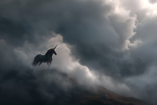 Mystical Unicorn Silhouette Emerging from Dramatic Storm Clouds.