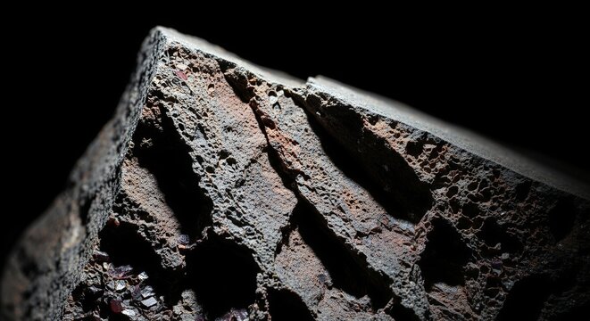 Close-up of a textured, dark, and angular rock formation with subtle color variations, dramatically lit against a black background.