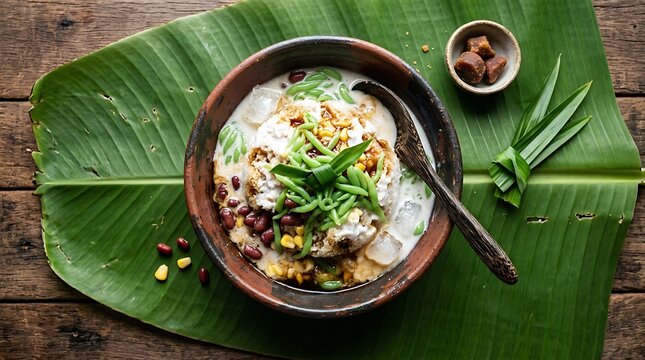Refreshing Cendol Dessert. Authentic Southeast Asian Sweet Treat with Coconut Milk, Palm Sugar & Red Beans. Food Photography for Menus.