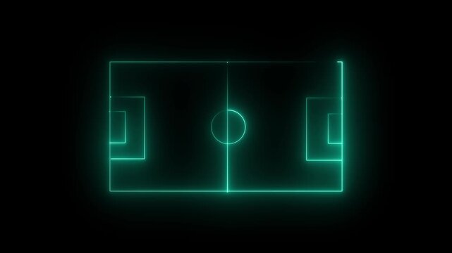 Animation of neon sports stadium on black background with neon lights match football isometric field video animation, Soccer field stadium or football lawn with panoramic. neon lights video animation