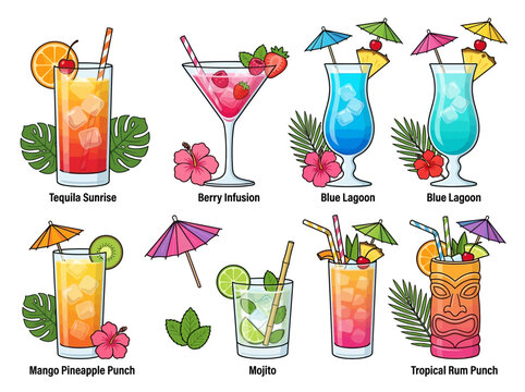 Tropical Cocktail Illustration Set with Tequila Sunrise, Mojito, and Tiki Rum Punch; Exotic Summer Drink Vector Icons for Bar Menus and Beach Party Graphics