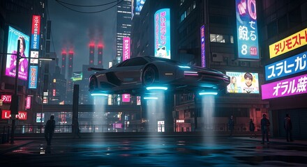 Fototapeta premium Futuristic Flying Car Hovering In Cyberpunk City