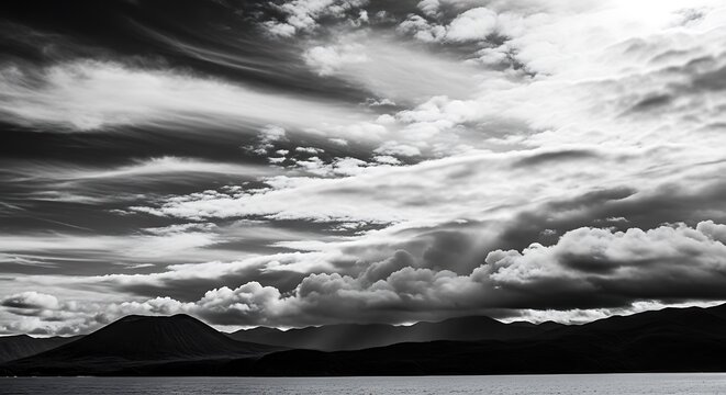 Dramatic monochrome landscape of mountains and an expansive cloudy sky