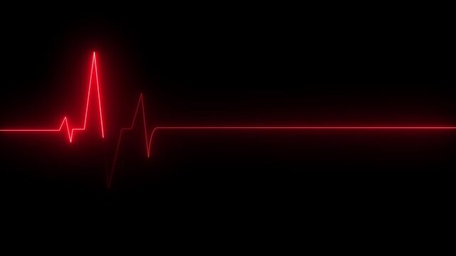 Medical concept of a heartbeat waveform fading to a flatline on a dark background representing. neon heart cardiogram animation on black background. Neon glowing Heartbeat line.4k video animation 