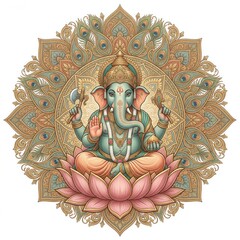Obraz premium Hindu Deity Ganesha Sitting On Lotus Petals With Intricate Mandala Border