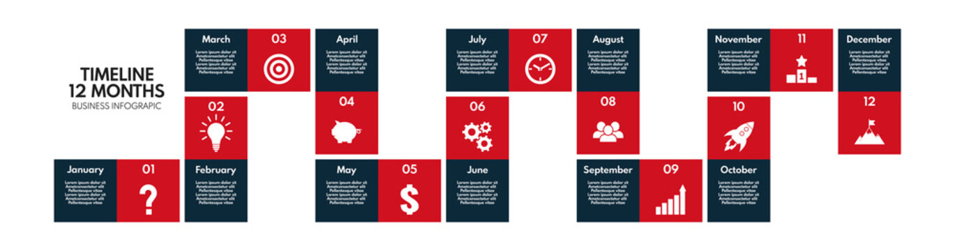 12 months or steps diagram, year strategy plan or project timeline, red and black two colors vector infographic template with business icons