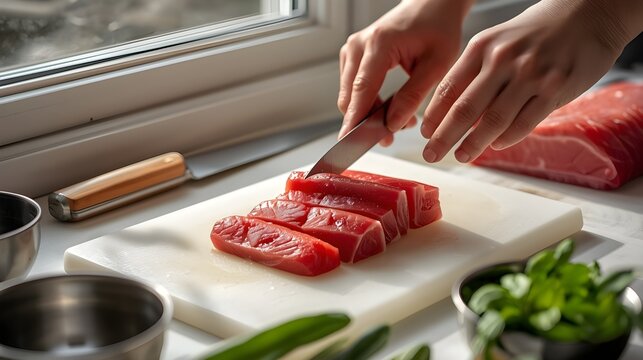 Chef preparing fresh tuna steaks on a cutting board, ready for cooking or sushi preparation