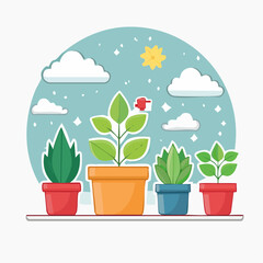 Obraz premium Potted Plants Growing Under a Sunny Sky with Clouds