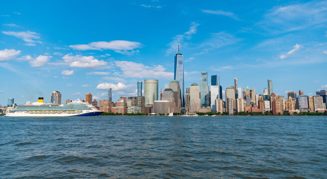 Cruise ship York. Skyline of New York Manhattan cruising on the Hudson River cruise liner. New york cruise lines ships vacation