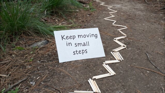 A zigzag path of sticks with a motivational sign in nature, suggesting small steps for progress