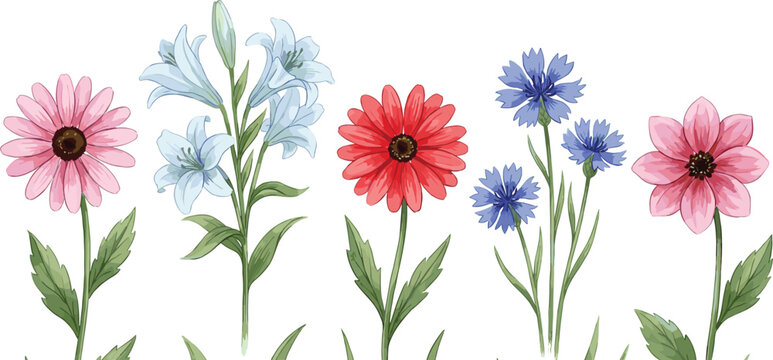 Vibrant Garden Flower Vector Set Featuring Pink Gerbera Daisy Blue Lily Cornflower and Red Dahlia for Spring Floral Branding and Nature Inspired Graphic Designs