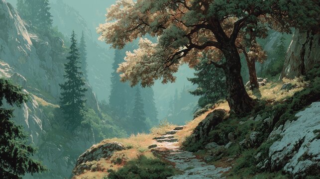 Path through trees in a mountain valley during daytime