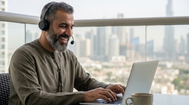 Happy Middle Eastern Man Working Remotely on Balcony.