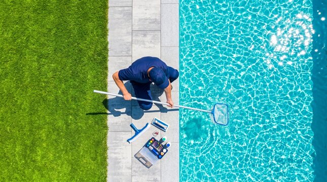 Professional worker cleaning a swimming pool with a skimmer net. Aerial drone view of maintenance service concept, bright blue water, and professional testing equipment near the pool edge.