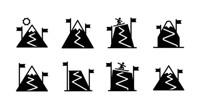 Mountain Peak Achievement Icons: Success, Goals, Sports, and Adventure
