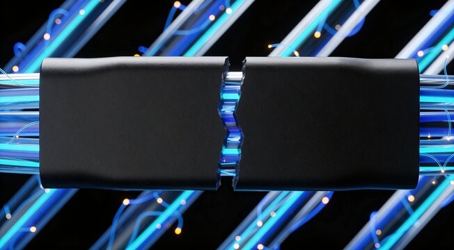 Data blocking and secure interception background featuring luminous network cables halted by a dark matte slab, premium enterprise visual for zero trust, DLP and traffic governance