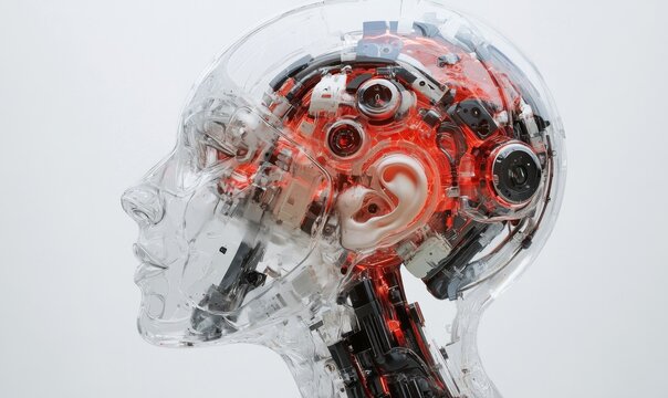 Human head with brain augmented reality, looks calm and peaceful, future technology