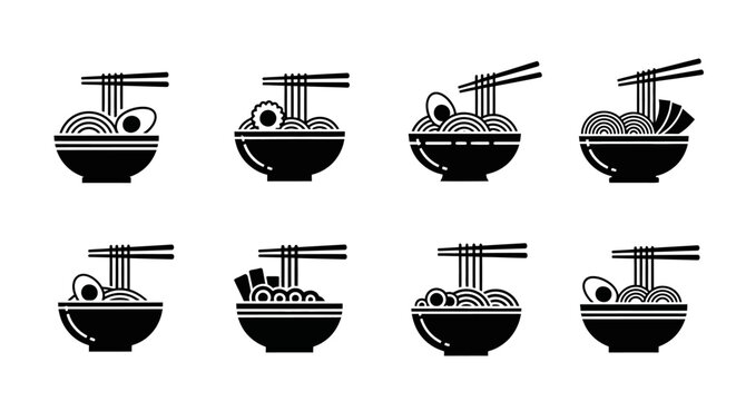 Japanese Ramen Noodle Soup Bowl Icon Set - Black and White Vector Illustrations