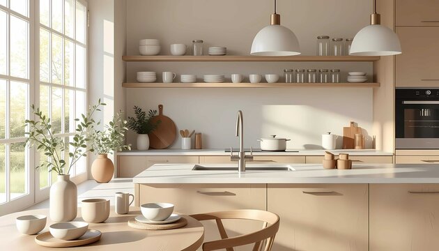 Bright Scandinavian modern minimalist kitchen interior, wooden cabinetry with countertop sink faucet