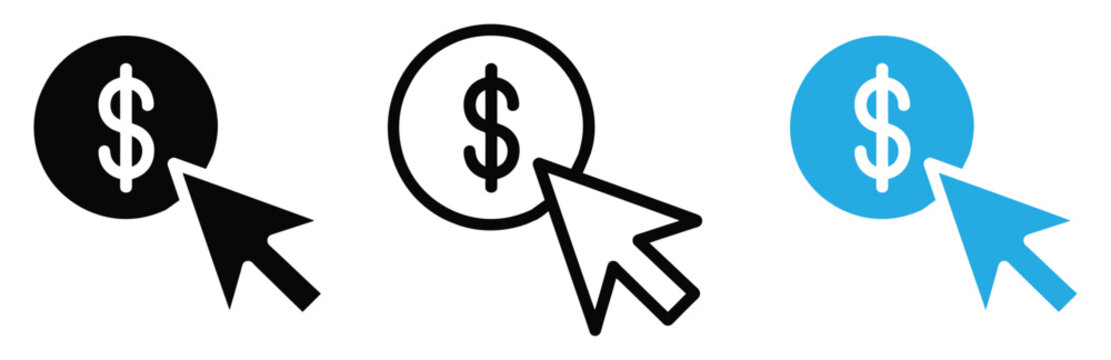 Three clickable dollar sign icons with cursor pointers in black and blue