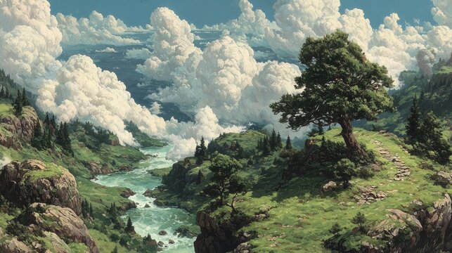 Lush valley with river and clouds in a sunny landscape