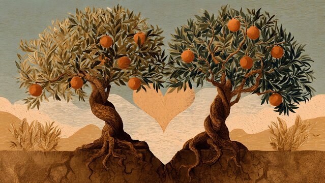 Two fruitful trees intertwined, forming a heart shape, symbolizing enduring love and a natural bond
