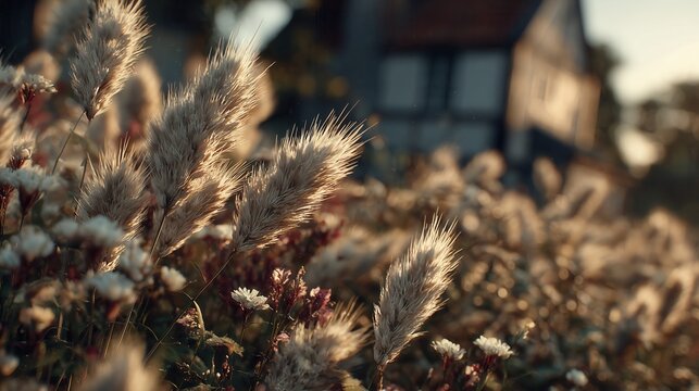 Golden grasses sway near a house in the evening light