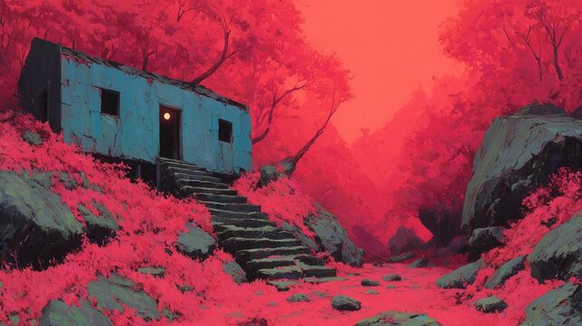 House in a red landscape with trees and rocks near the path