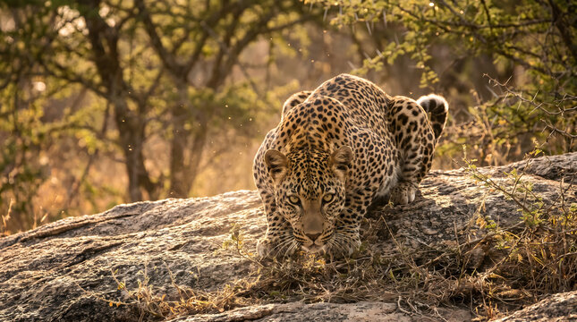 Cinematic Front View of a Leopard Crouching on a Rock in the Wild, Intense Predator Stare in Golden Hour Sunlight, Generative AI.