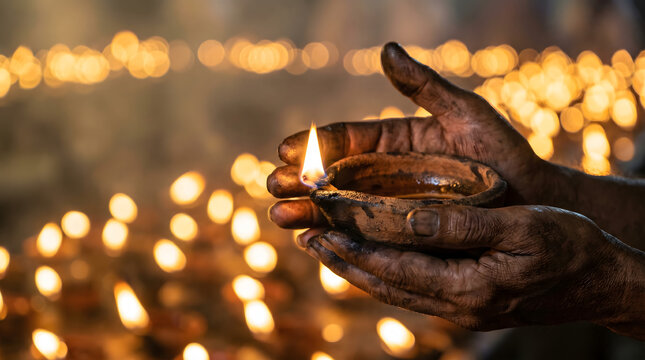 Close-up of Hands Holding a Traditional Oil Lamp with Burning Flame and Golden Bokeh Lights, Spiritual Ritual, Generative AI.