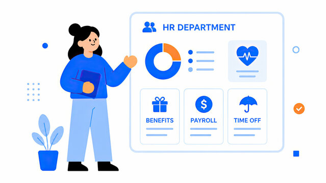 Human resources manager presenting hr department dashboard with benefits and payroll