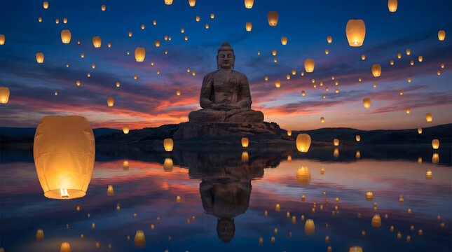 Cinematic View of Lord Buddha Statue Meditating by a Lake with Thousands of Glowing Lanterns at Sunset, Generative AI.