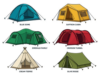 Collection of Camping Tent Types Illustration Set - Dome, Cabin, Family, Tunnel, Teepee, and Ridge Styles for Outdoor Adventure Gear Design © Rendi