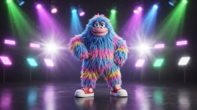 Joyful Furry Monster Dancing on Stage with Colorful Lights