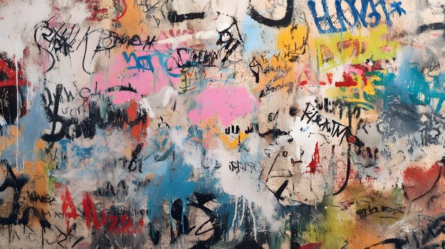 Abstract wall scribbles background. Street art graffiti texture with tags, drawings, inscriptions and spray paint stains