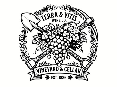 Vintage wine vineyard logo with grapes shovel and pickaxe emblem