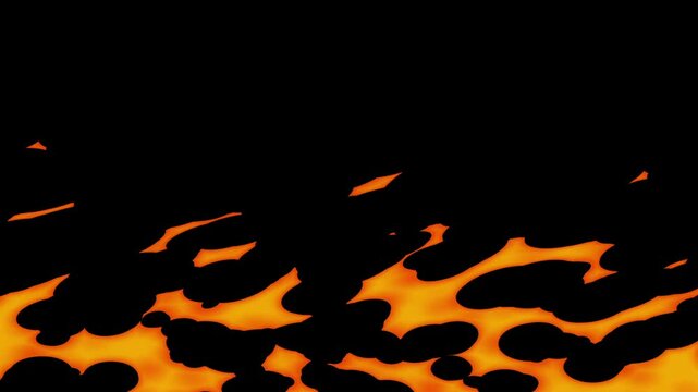 Abstract fluid motion cartoon fire with vibrant red and white colors creating a dynamic visual flow, showcasing the continuous movement of liquid across a black background for overlaying on video