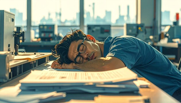 Exhausted Office Worker Sleeping on Desk Amidst Work Overload.