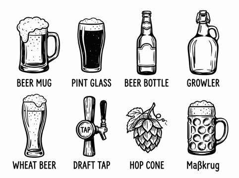 Set of beer icons including mug, glass, bottle, growler, tap and hop cone