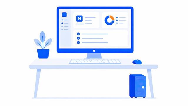 Modern office desktop computer setup with notes and plant on white desk