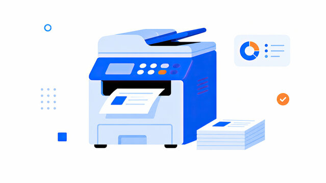 Office multifunction printer scanner with paper output and chart icon