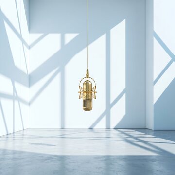 A polished gold-finish vintage condenser microphone suspended in the air in an empty, bright white hall The lighting is crisp and cool, creating sharp, artistic geometric shadows on the white walls 