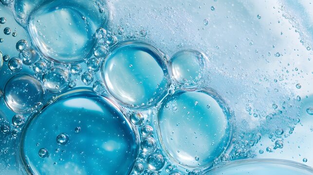 Clear blue cosmetic gel serum oil texture isolated on white background. Hyaluronic acid skincare product with bubbles macro.