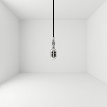 A vintage silver microphone hanging in the center of a bright, overexposed white room The shadows are barely visible, making the microphone appear as if it is floating in a void of pure light Wide s